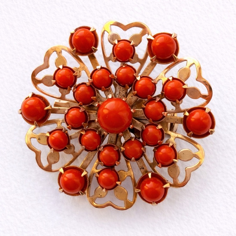Elegant Gold and Orange Floral Brooch